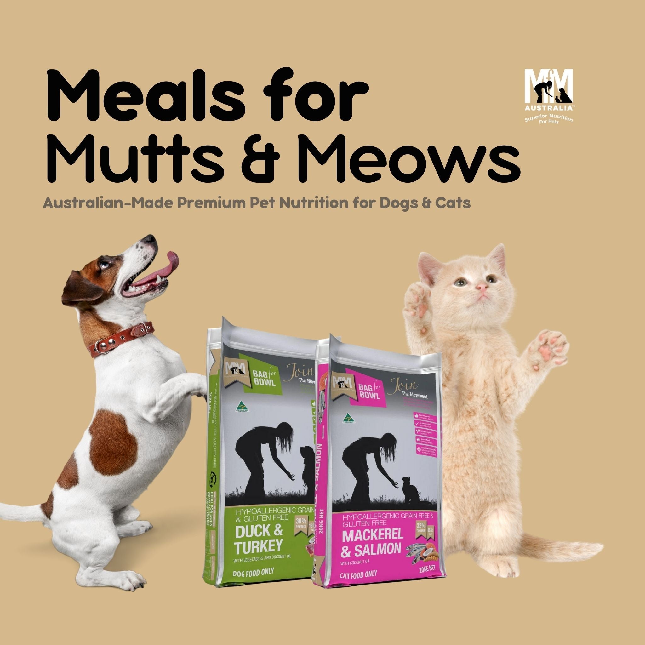 Advertisement for Meals for Mutts & Meows pet food with a dog and cat on a beige background.