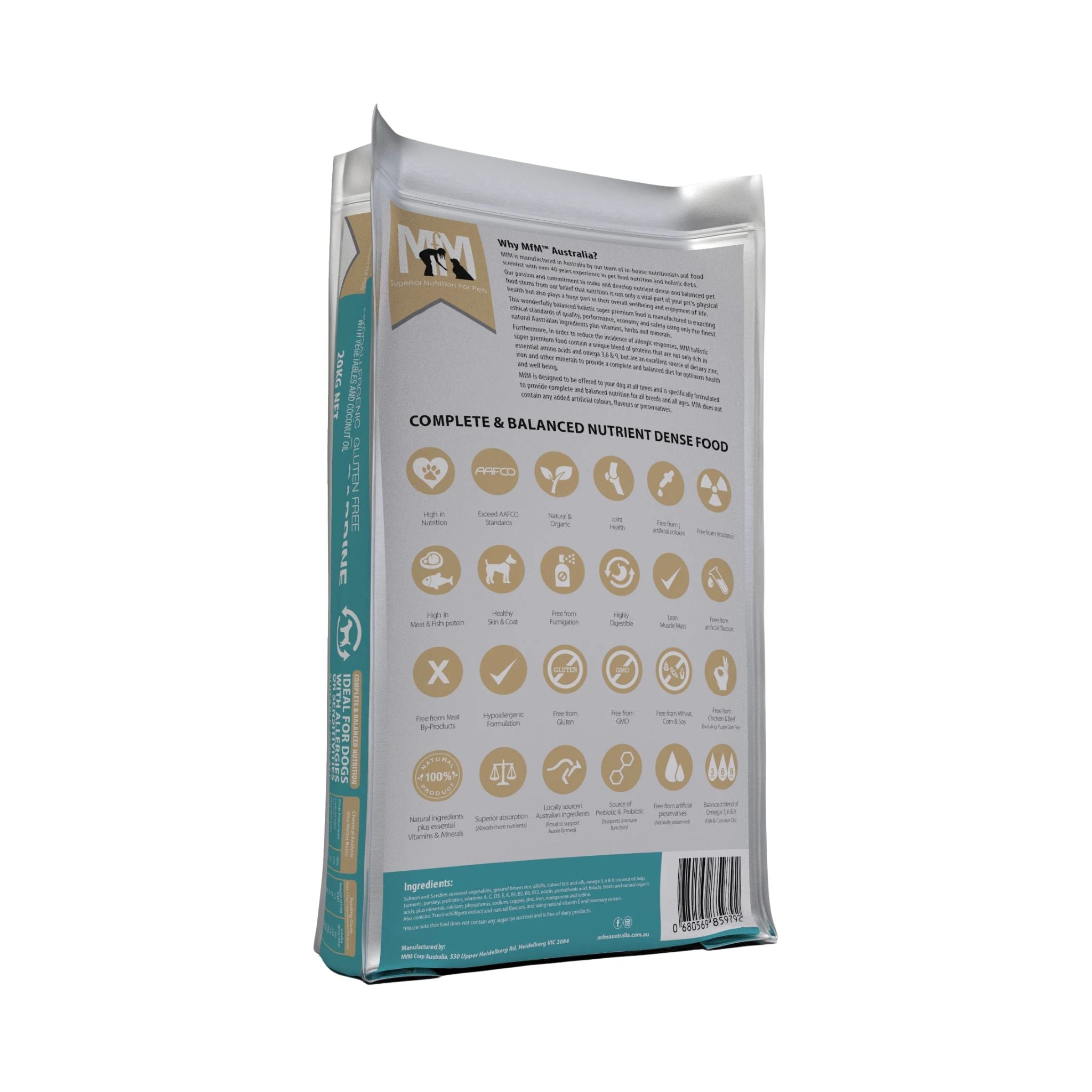 Back of Meals for Mutts Salmon & Sardine – Gluten Free Dry Dog Food 20kg bag showing nutritional information