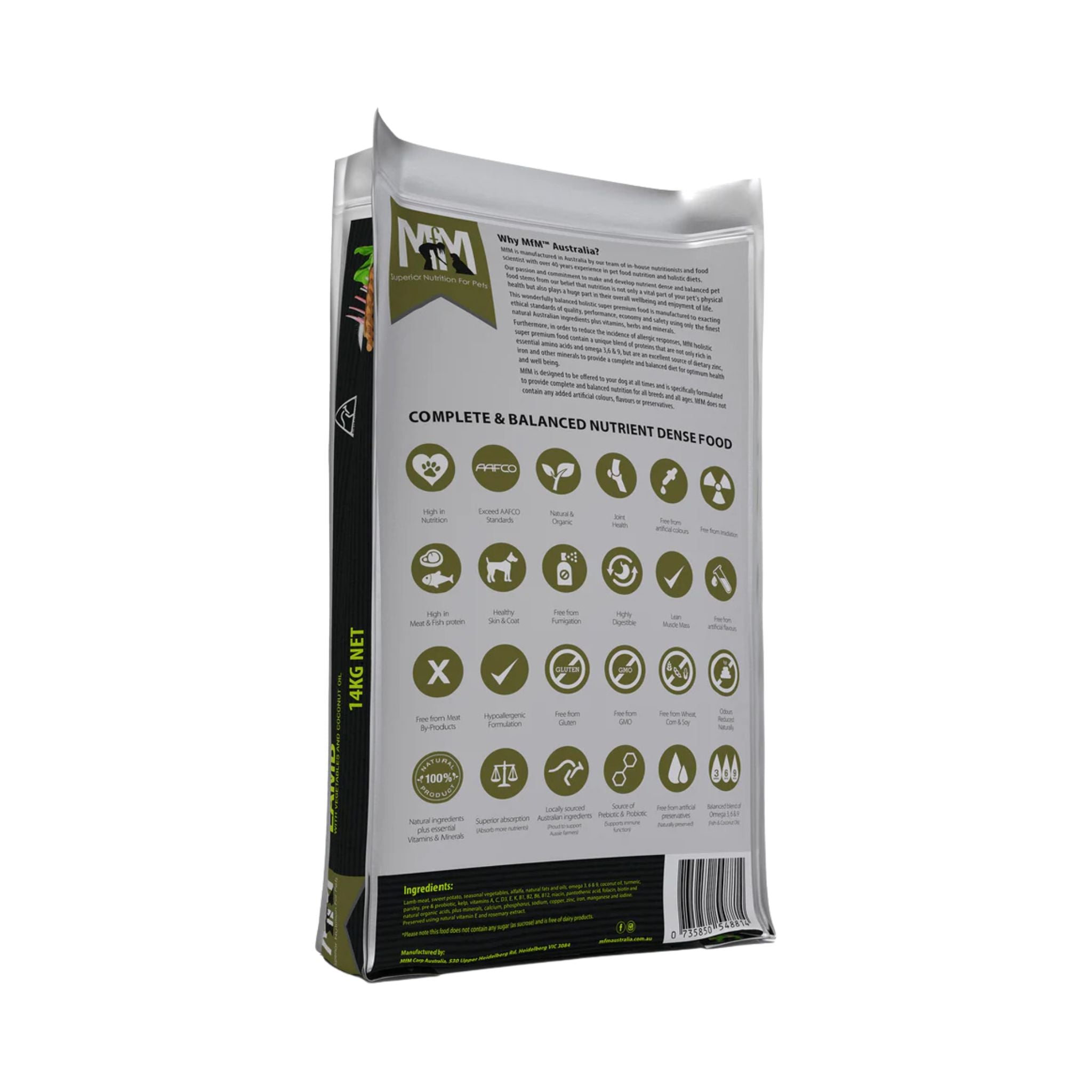 Back of Meals for Mutts Single Meat Protein Lamb 14kg bag showing ingredients and nutrition