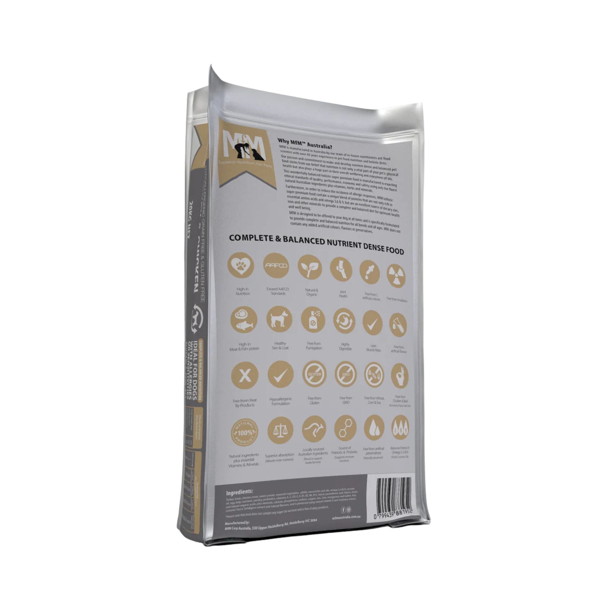 Back of Meals for Mutts Turkey & Chicken Puppy Food bag showing feeding guide, nutritional analysis, and benefits