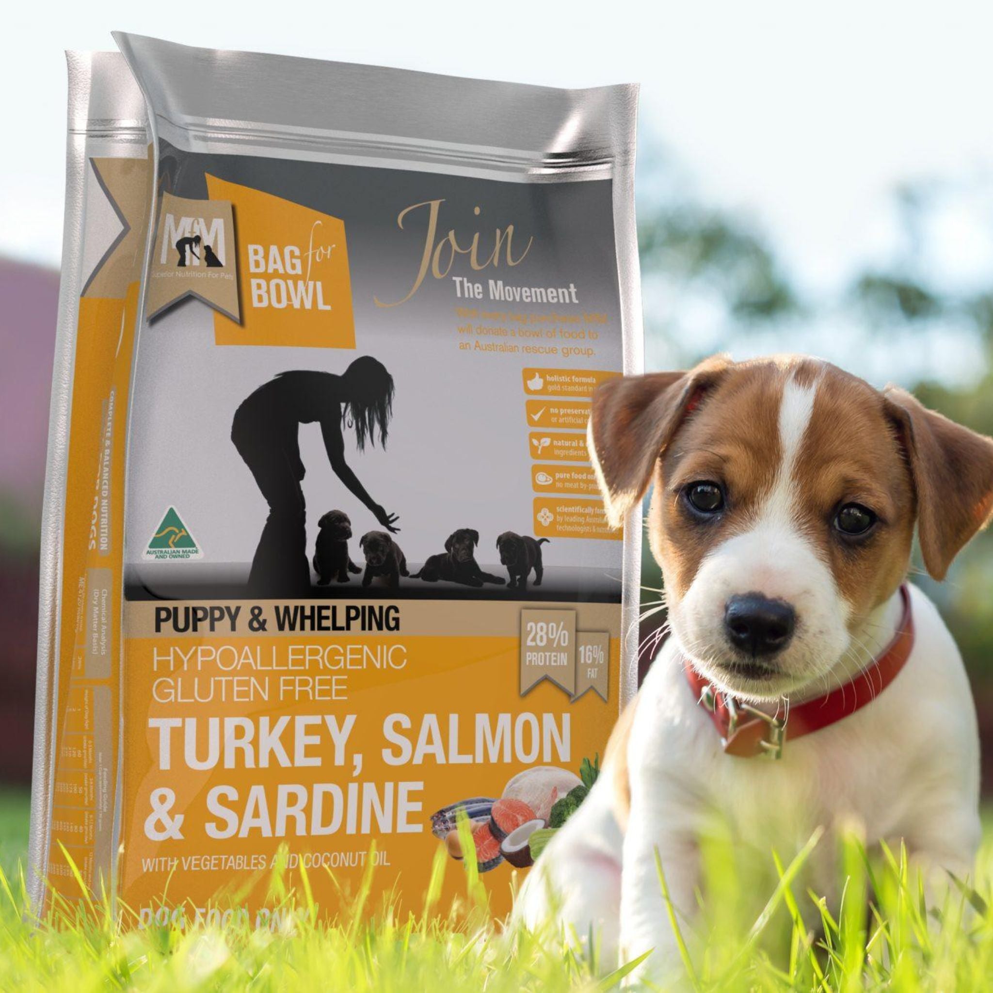 Turkey, Salmon & Sardine dry dog food package for puppies and whelping with a puppy in front