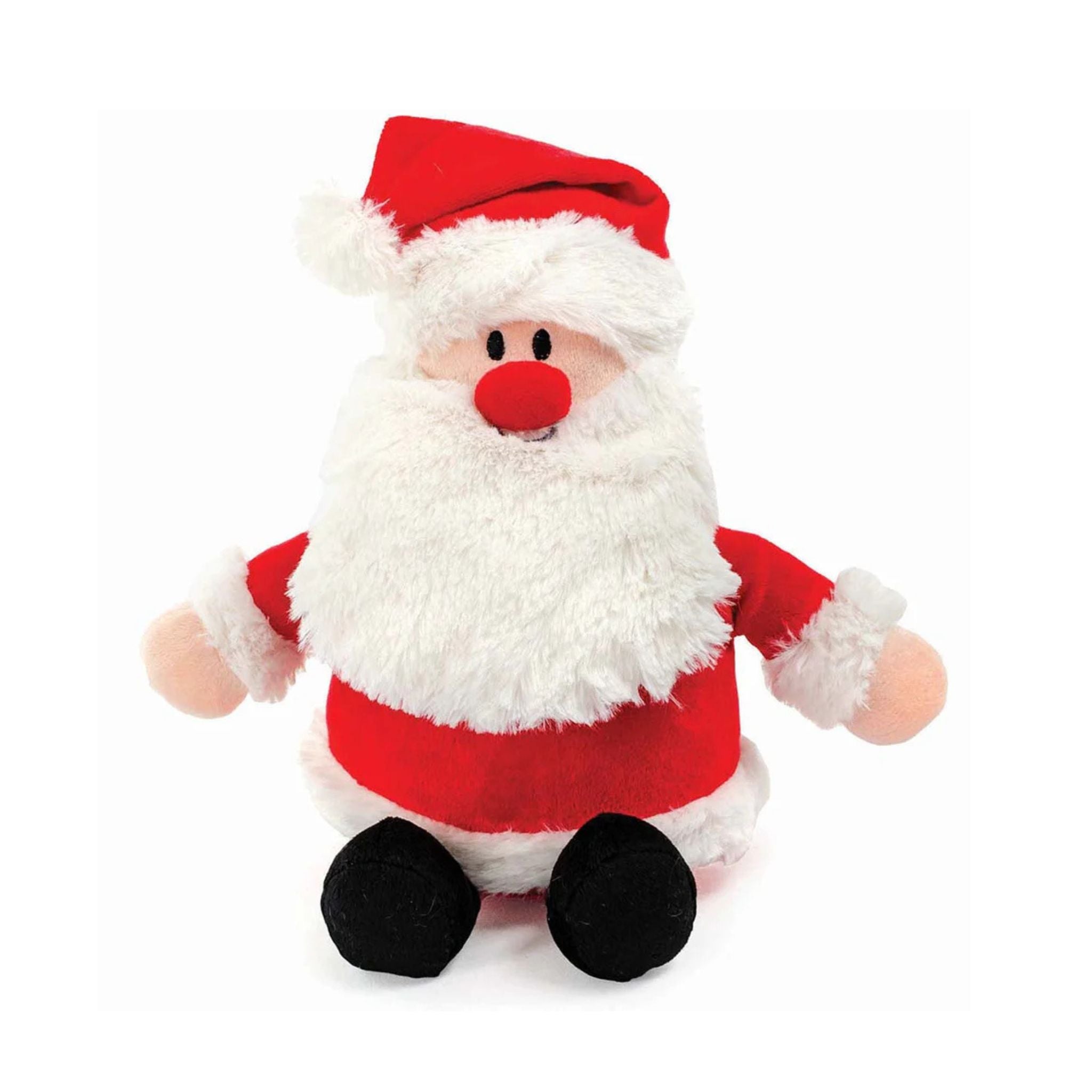 Front view of Prestige Snuggle Pal Santa plush dog toy in festive red, white, and black with a squeaky belly and crinkle hat.