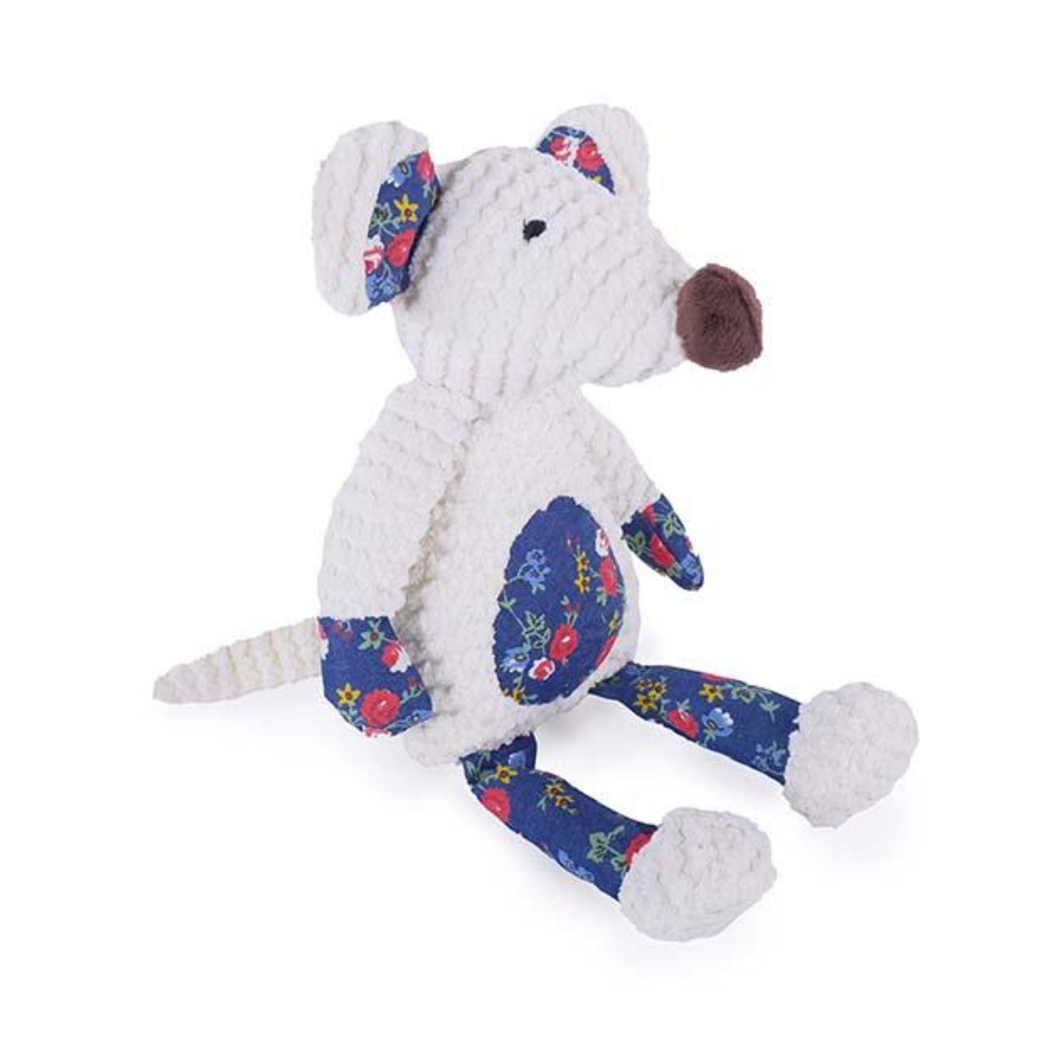 The plush mouse toy is shown from the side, highlighting its soft, textured fabric and the blue floral patterns on its limbs and belly. The toy's long tail and large ears are also visible.
