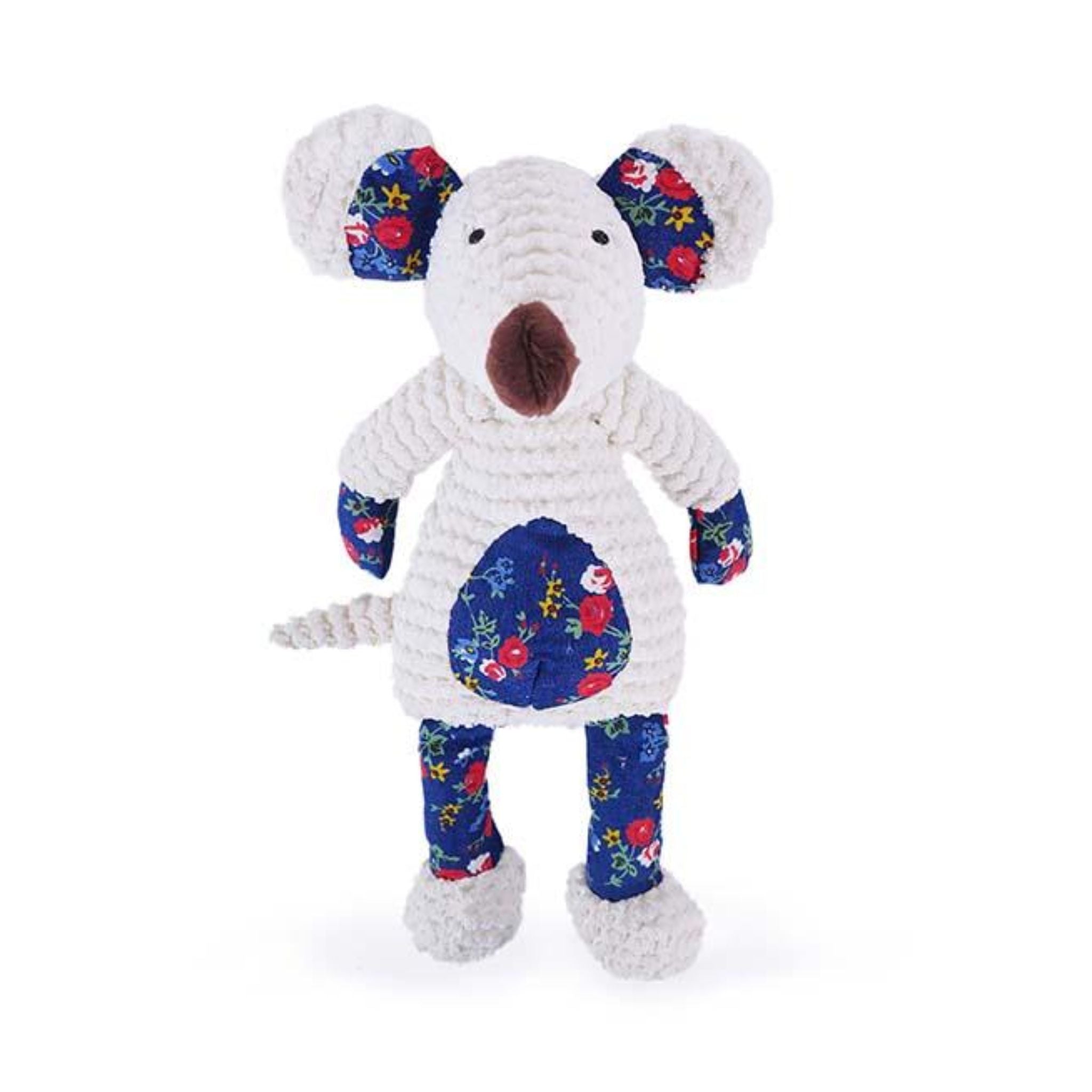 A plush mouse-shaped dog toy with a white body, large round ears, and a long tail. The toy has blue floral-patterned patches on its ears, belly, and limbs, and features a hidden squeaker inside.