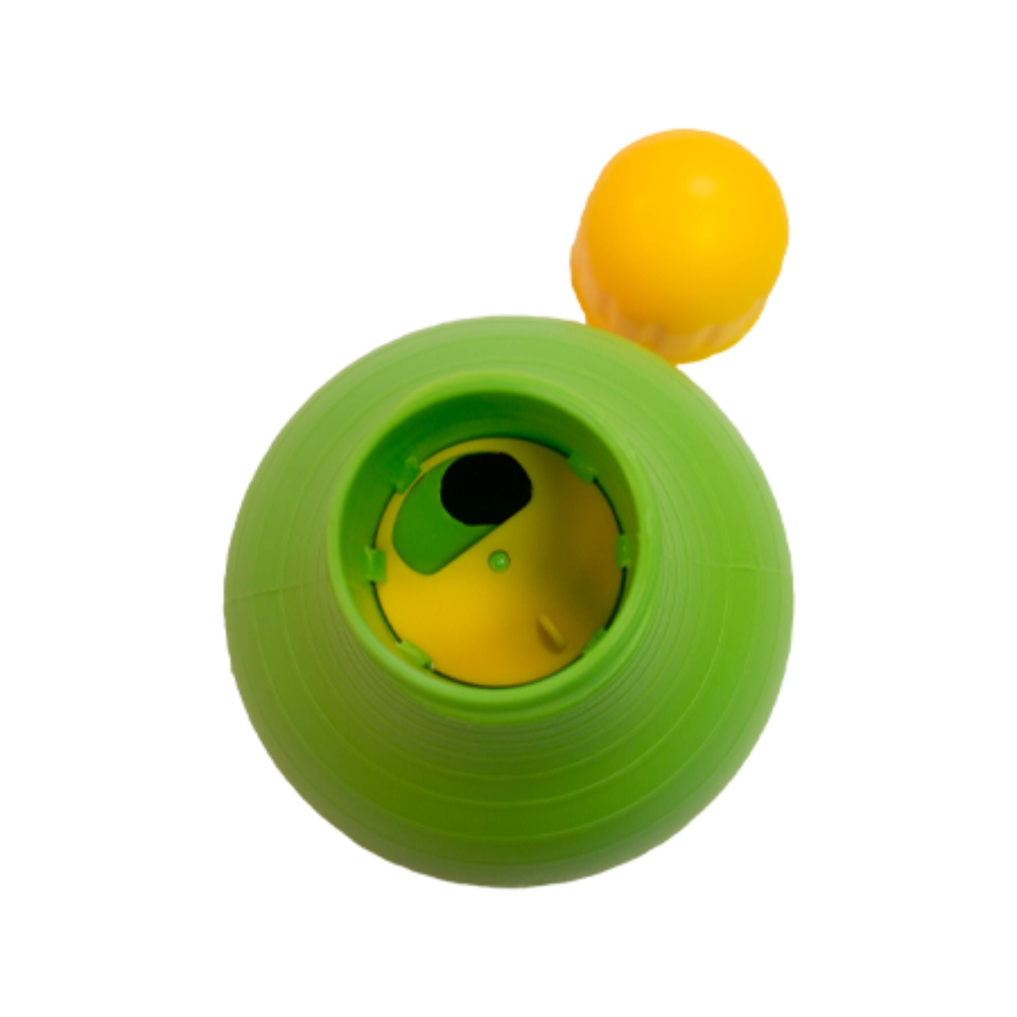 Close-up of Starmark Bob-A-Lot Treat Dispenser’s easy-fill chamber, suitable for treats and kibble.