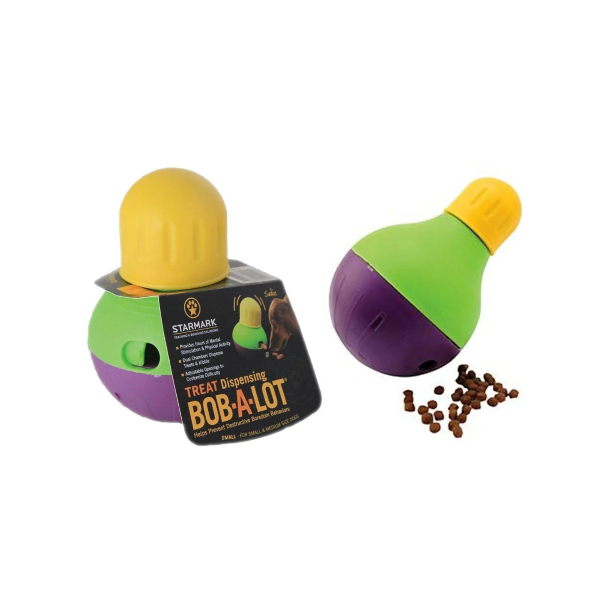 Starmark Bob-A-Lot Interactive Dog Treat Dispenser in Yellow, Green, and Purple, Large Size.