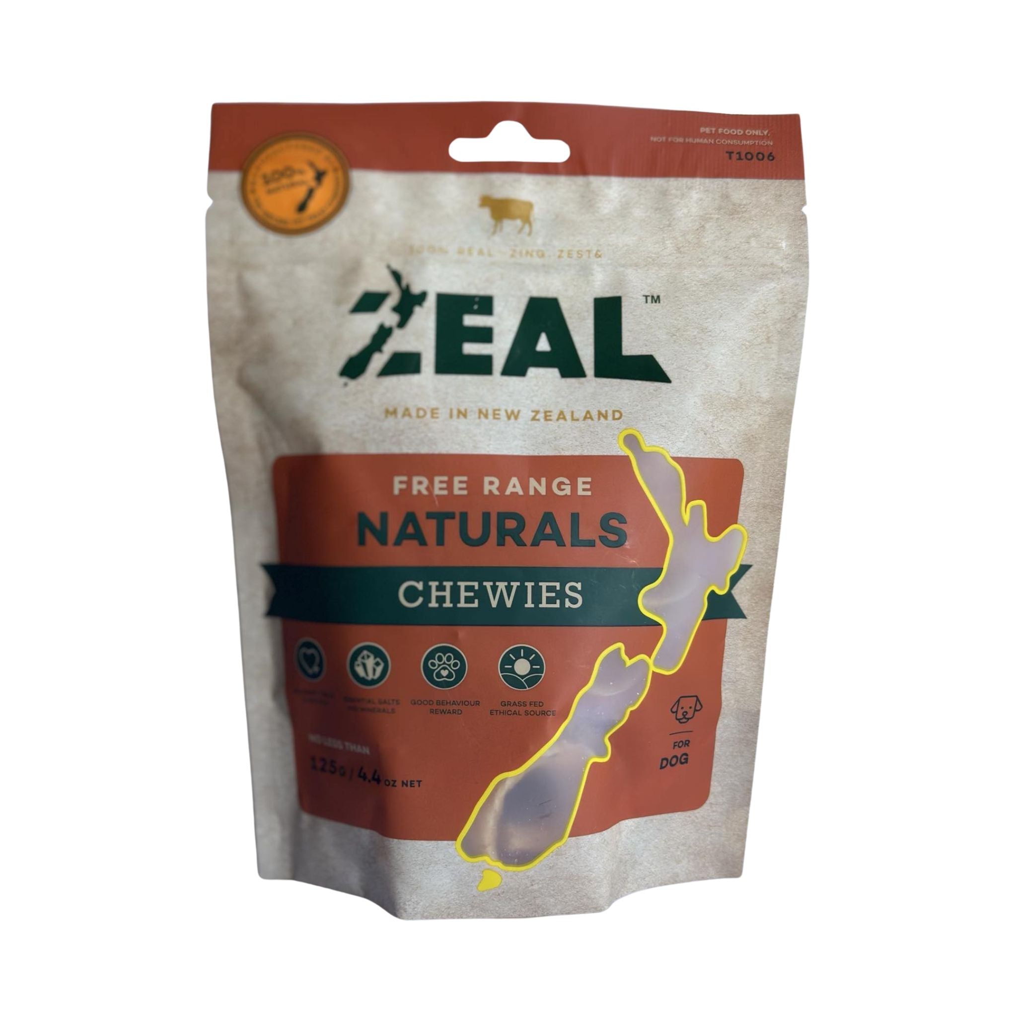 Front view of Zeal Air-Dried Chewies Dog Treats - packaging, featuring a clean design with New Zealand free-range branding, product details.