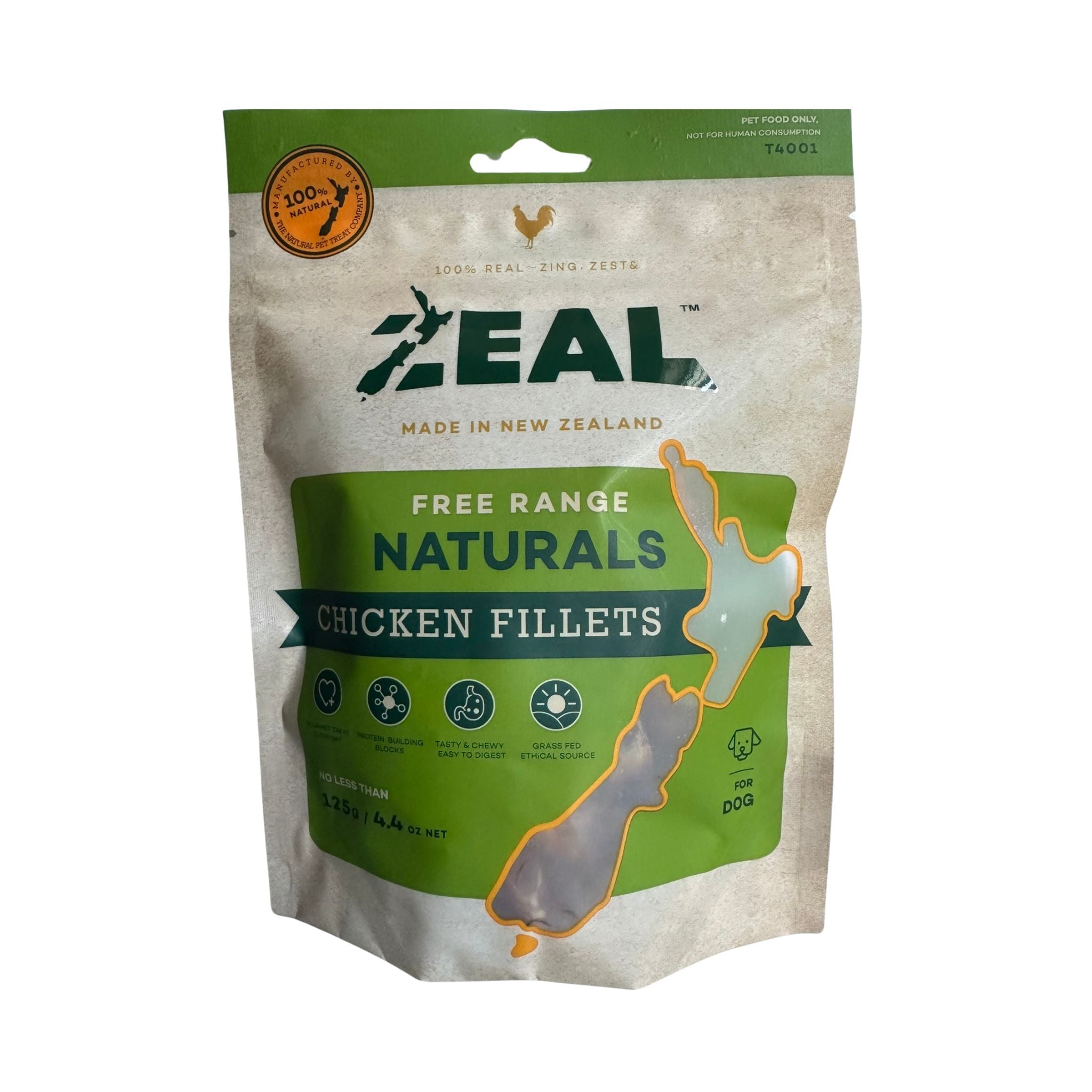 Zeal Free Range Naturals Chicken Dog Treats – 125g. Made in New Zealand.