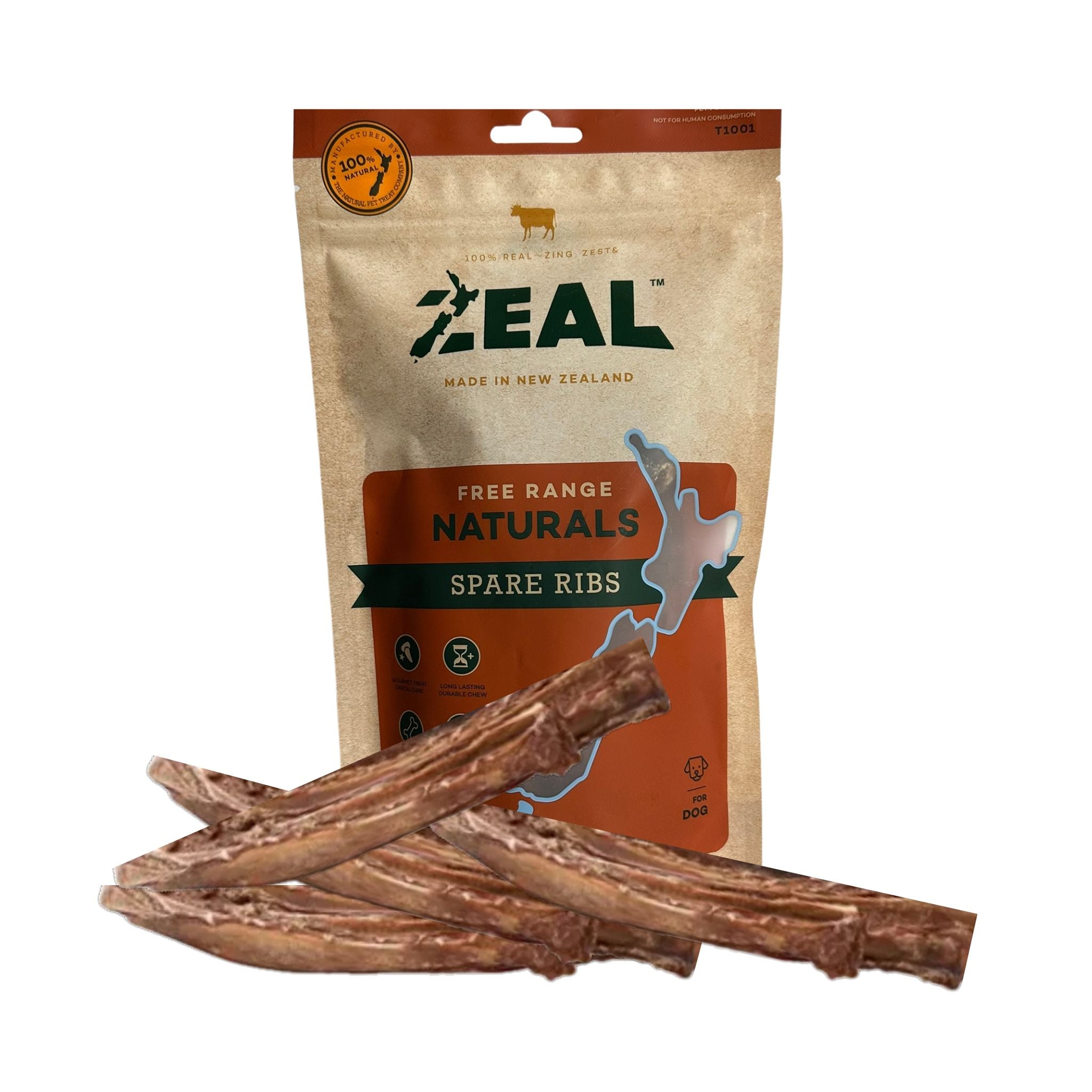Zeal Natural Beef Spare Ribs Dog Treats branded packaging featured contents.