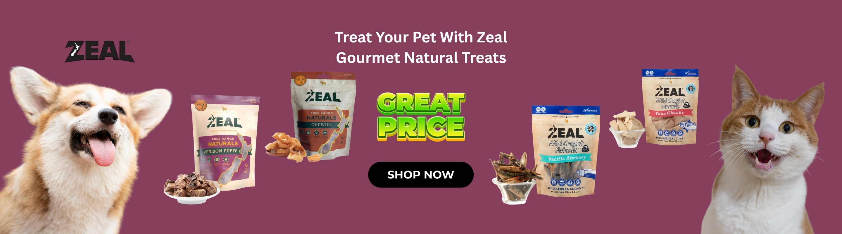 Advertisement for Zeal gourmet natural pet treats with a dog and cat on a purple background.