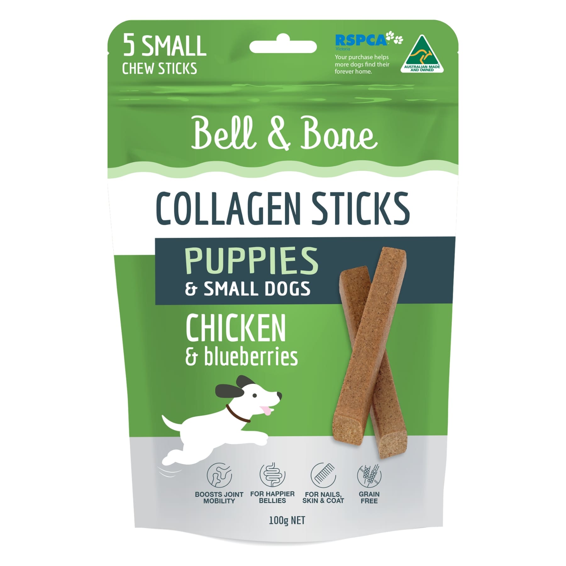 Bell & Bone Chicken and Blueberry Collagen Sticks for Puppies and Small Dogs. Australian Made Dog Treats