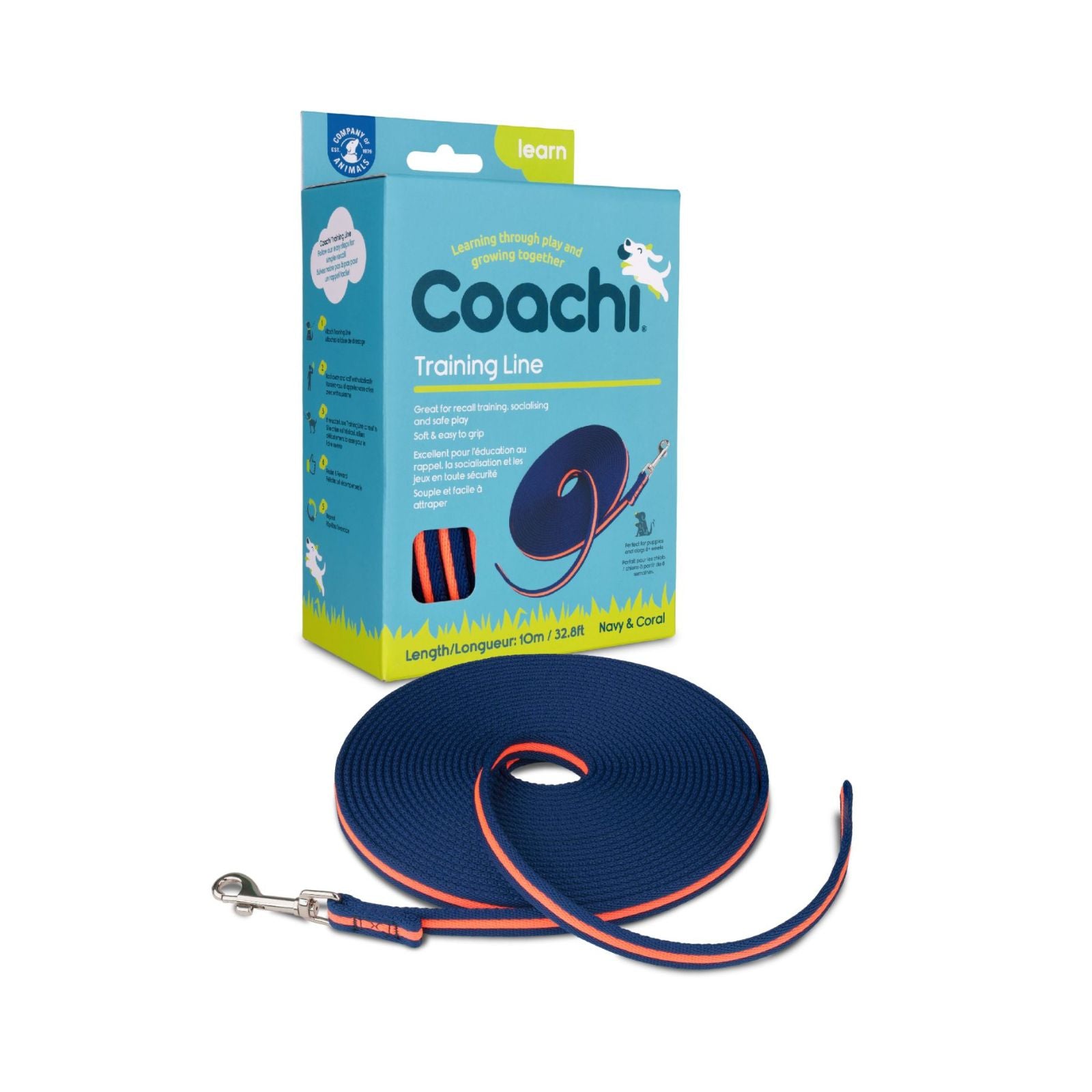 COACHI Recall Training Lead for Dogs Navy & Coral 10m