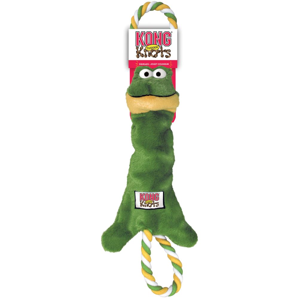 KONG Tugger Knots Frog dog toy in retail packaging – durable tug and squeak toy with rope handles and plush frog design.
