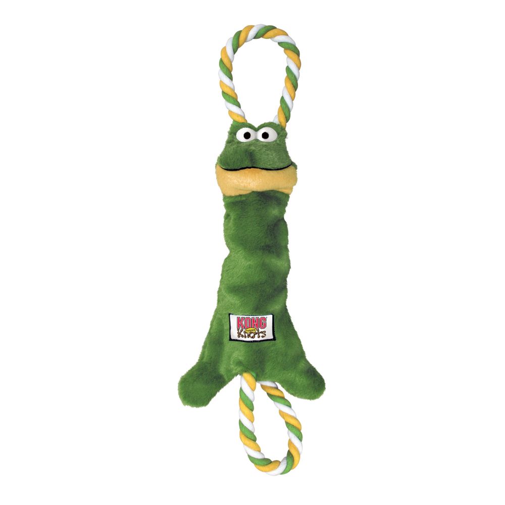 KONG Tugger Knots Frog – plush dog toy with knotted rope interior and squeaker, ideal for tug-of-war and interactive play.