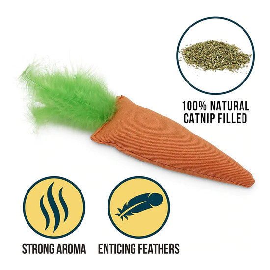 Cosmic Catnip Filled Toy Carrot has a strong aroma and enticing feathers to spark a cat's natural instincts.