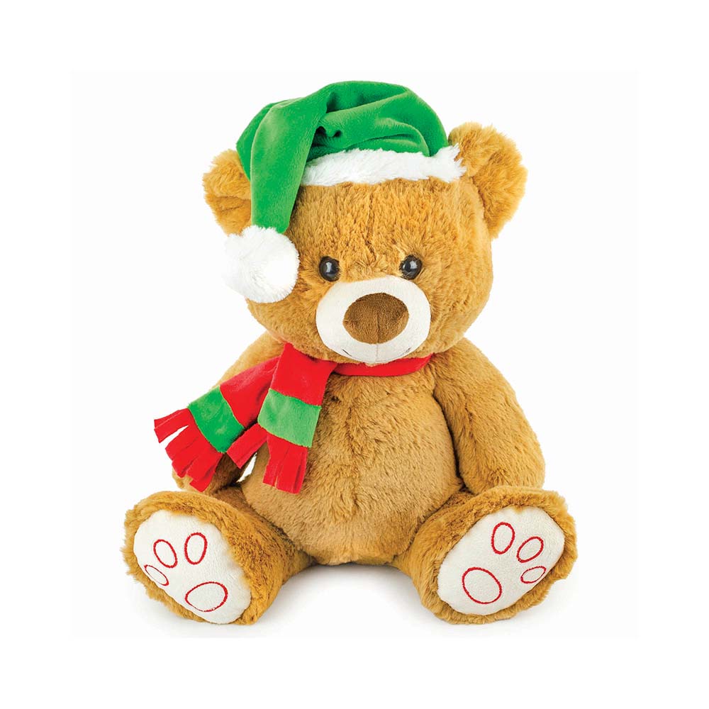 Prestige Snuggle Pal Christmas Bear with a green hat - plush dog toy featuring a red and green scarf.