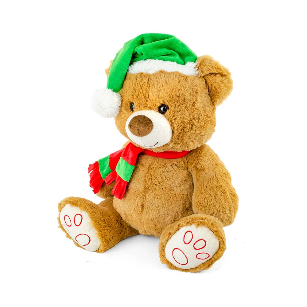 Prestige Squeaky Plush Christmas Bear for dogs, featuring a green crinkle hat and a red and green scarf