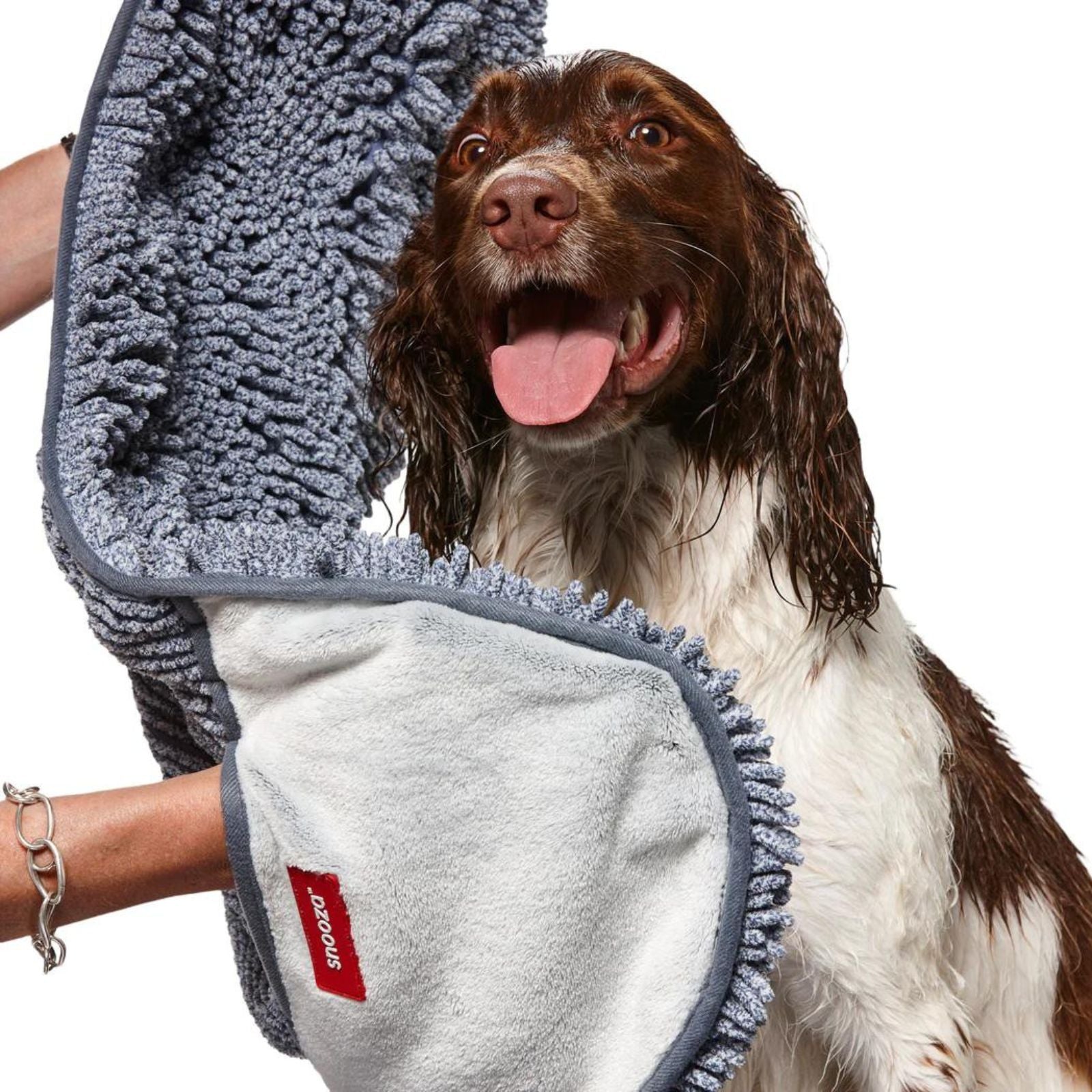 Snooza Drying Mitt for Dogs with High Pile Microfibre Noodles and Dual Plush Hand Pockets.