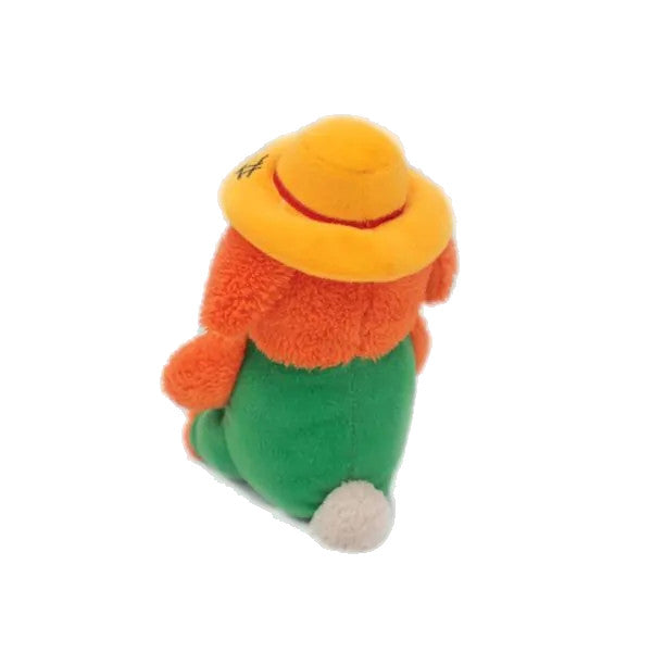 Back and top views of a ZippyPaws Cheeky Chumz Garrett the Gardener Plush Toy for dogs.