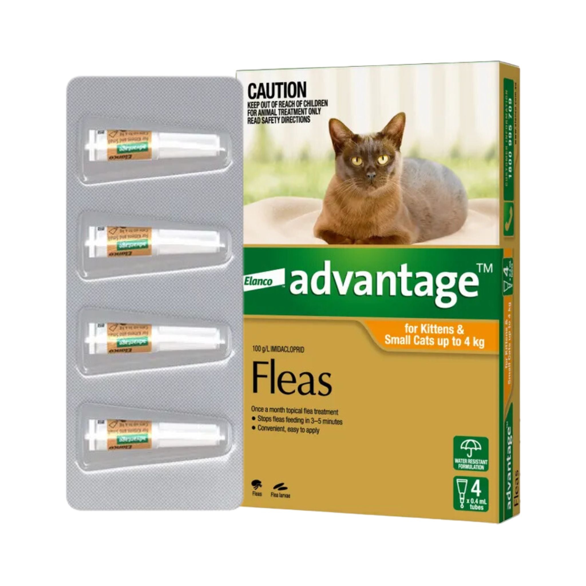 Advantage Flea Treatment for Kittens and Small Cats 0-4kg – Branded packaging with 4 applicators displayed alongside for monthly flea protection.