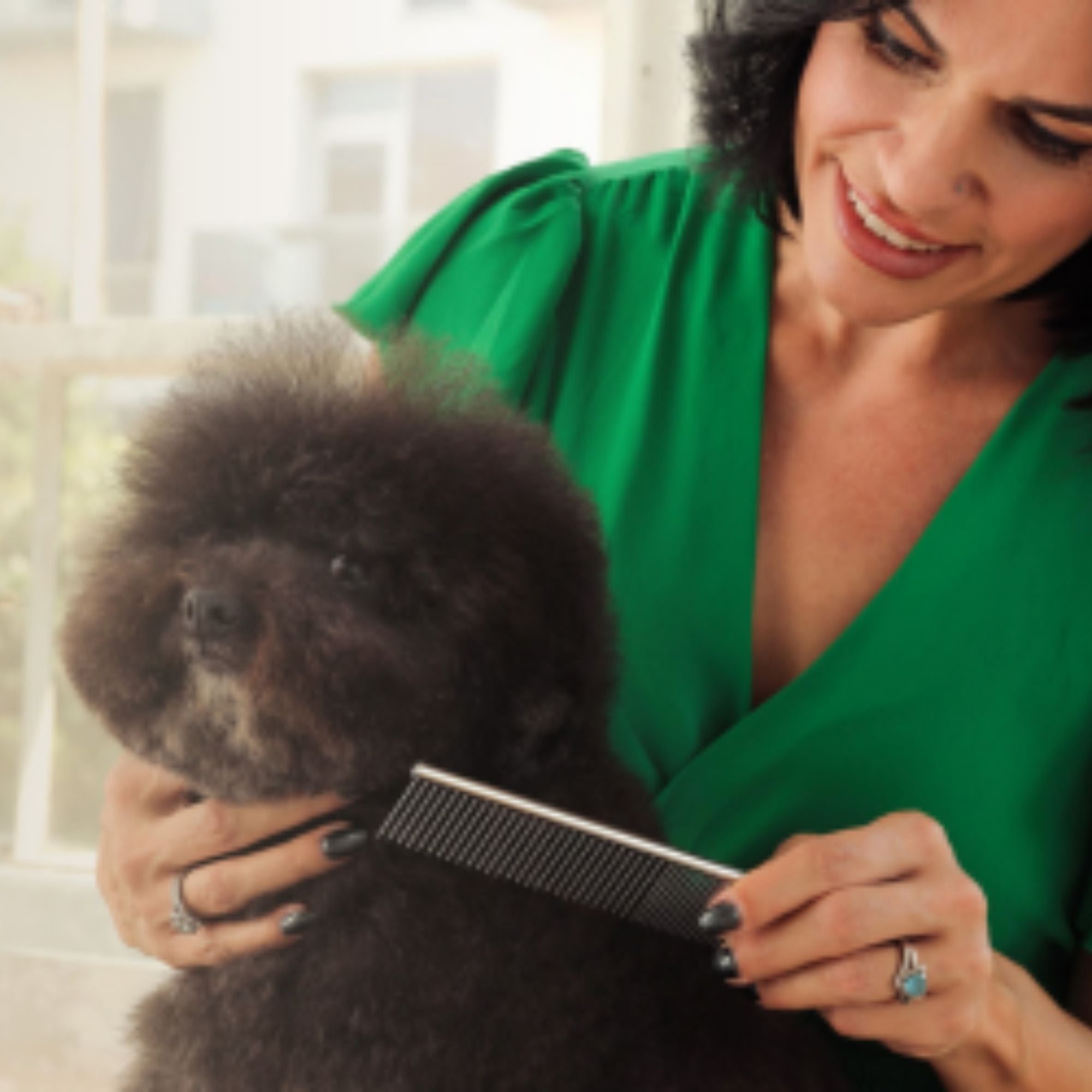 Woman using the Andis 10" Steel Comb to groom a fluffy dog's coat.