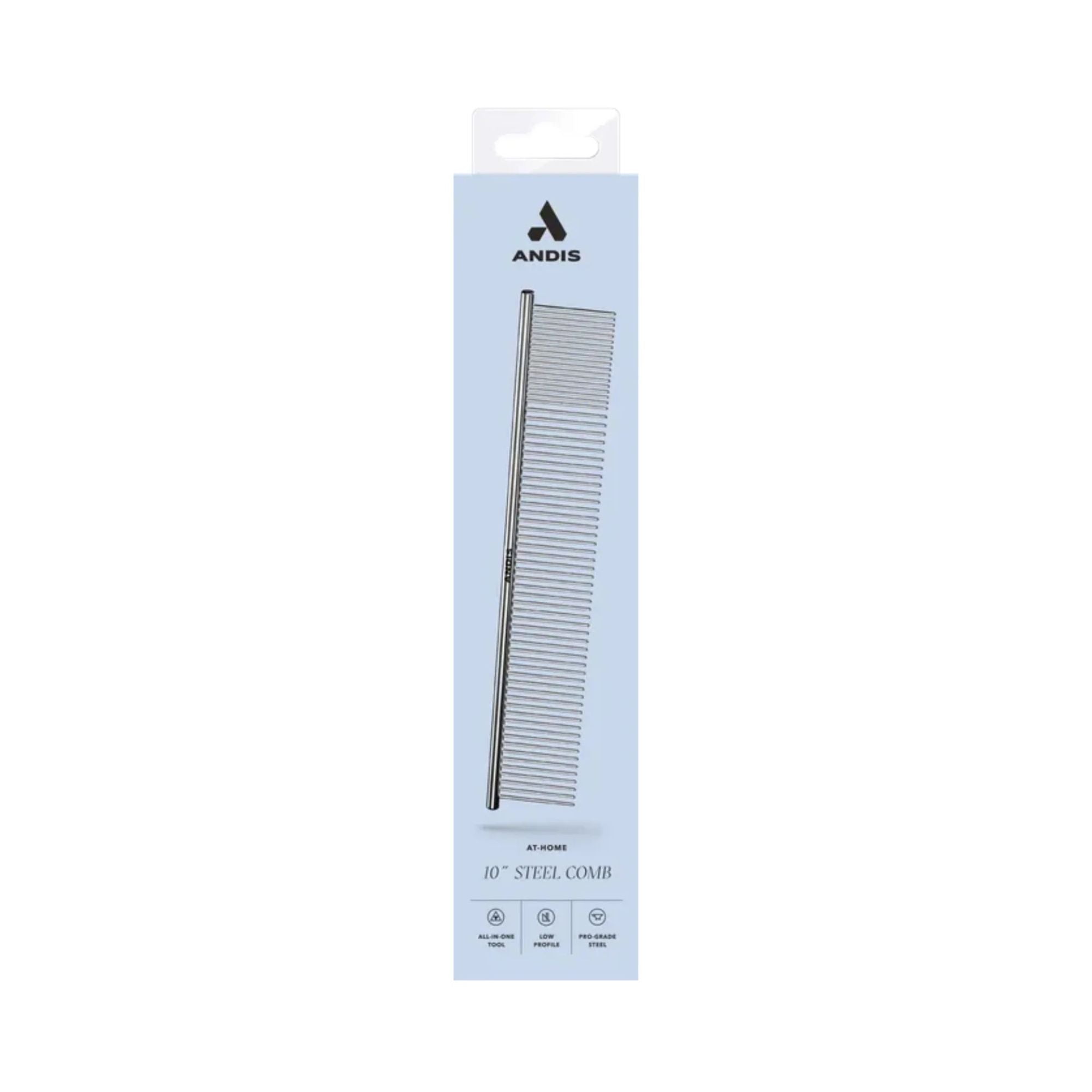 Andis 10" Steel Comb in retail packaging, showing all-in-one tool, low profile and pro-grade steel features.