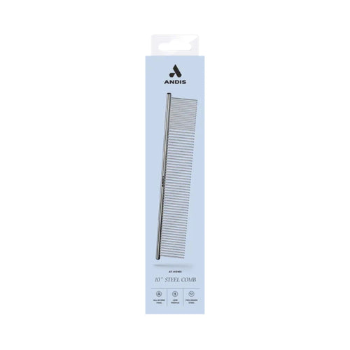 Andis 10" Steel Comb in retail packaging, showing all-in-one tool, low profile and pro-grade steel features.