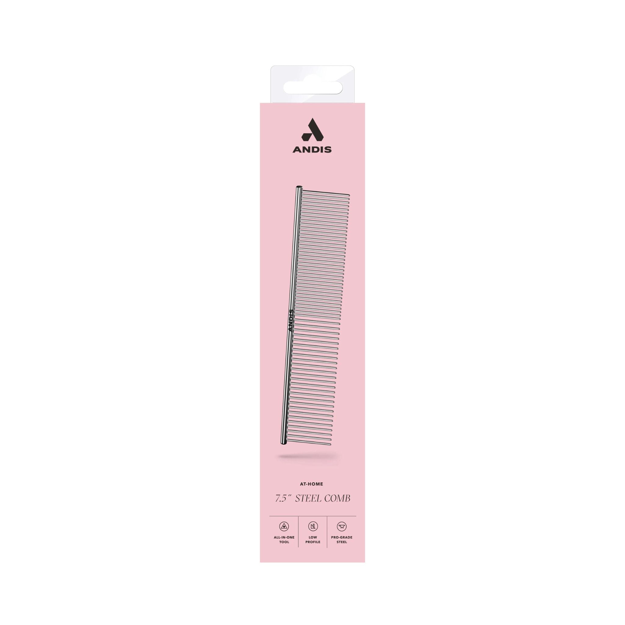 Clear view of the front of the Andis branded packaging, featuring product details and the comb's size.