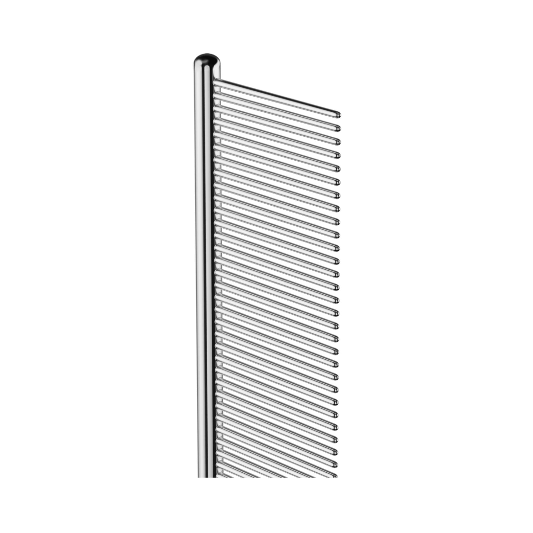 Half-length vertical shot focusing on fine steel teeth of the 19cm dog and cat grooming comb by Andis.