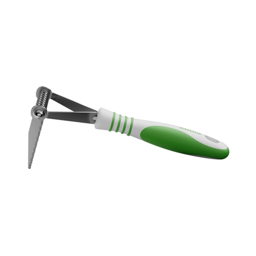 Angled side-view of the Andis Dematting Rake featuring its handle and stainless-steel blades