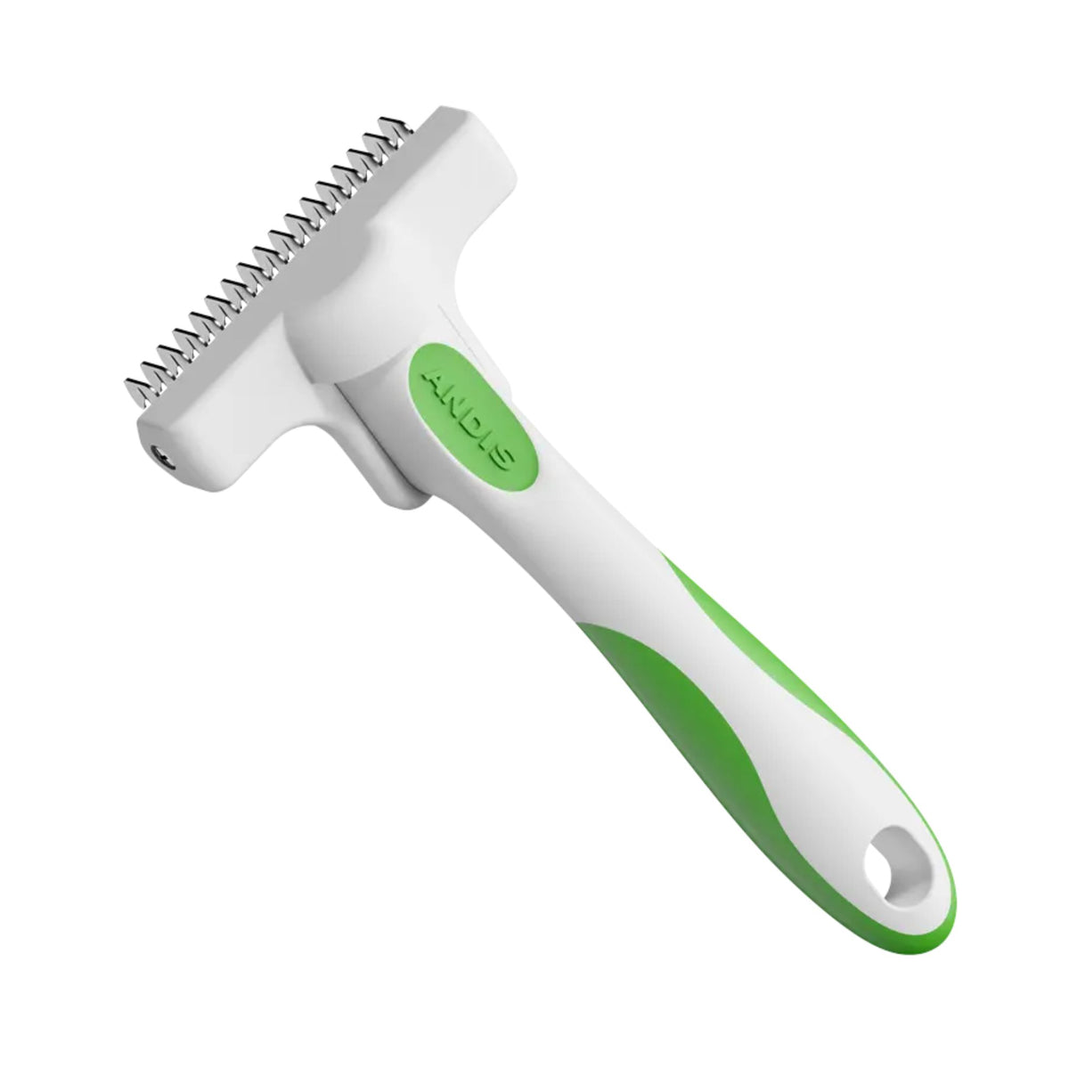 Close-up of the Andis Deshedding Tool's curved stainless steel blade and ANDIS branding on the grip