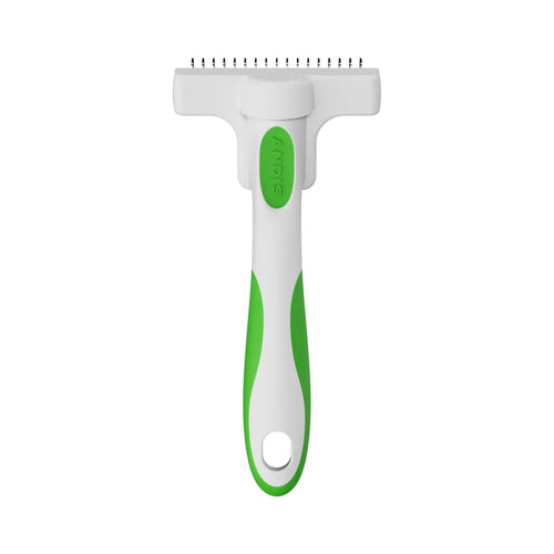 Andis Deshedding Tool for dogs, front view showing the curved stainless steel blade and green anti-slip handle