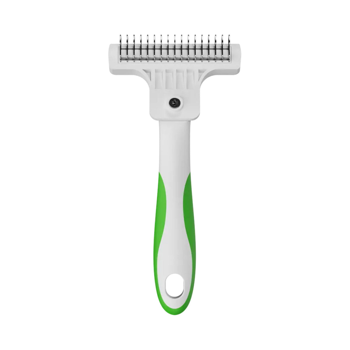 Reverse view of the Andis Deshedding Tool, showing the full stainless steel blade and white anti-slip handle