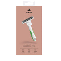 Andis De-Shedding Grooming Tool for dogs, displayed on retail packaging, highlighting the products features and benefits.