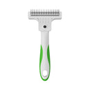 Front view close-up of the white and green Andis De-Shedding Tool featuring durable steel teeth.