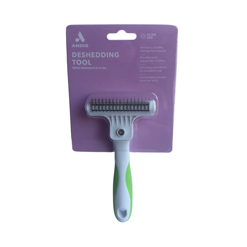 Andis Deshedding Tool shown in its retail packaging, listing key features and all dog sizes suitability