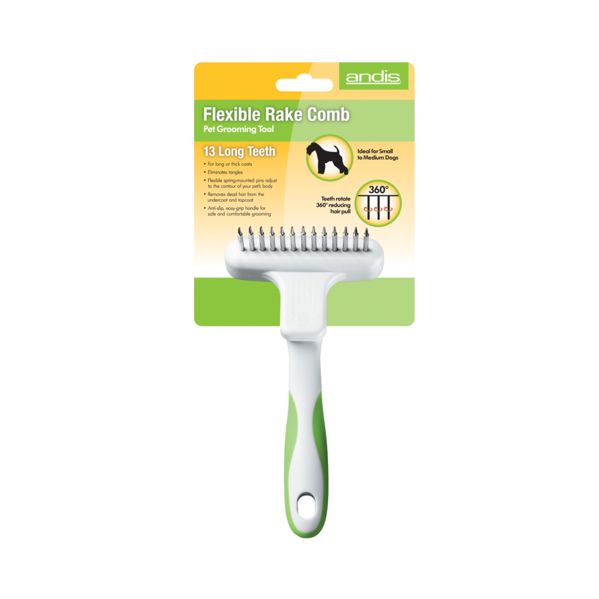 Andis Flexible Rake Comb in branded packaging, featuring product benefits for grooming small to medium dogs with thick or long coats.