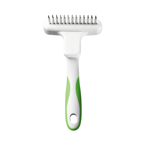 Vertical front view of the Andis Flexible Rake Comb, showing the 360-degree rotating teeth and anti-slip easy-grip handle.