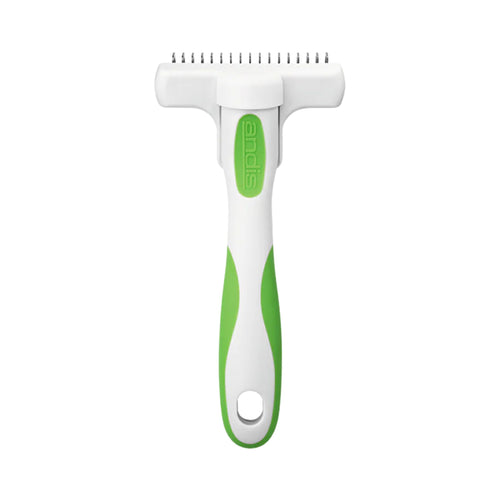 Vertical rear view of the Andis Flexible Rake Comb, highlighting the back of the comb with the ergonomic handle and spring-mounted pins for comfortable grooming.