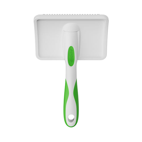 Rear vertical view of the Andis Large Firm Slicker Brush, displaying the smooth back surface and anti-slip grip handle.