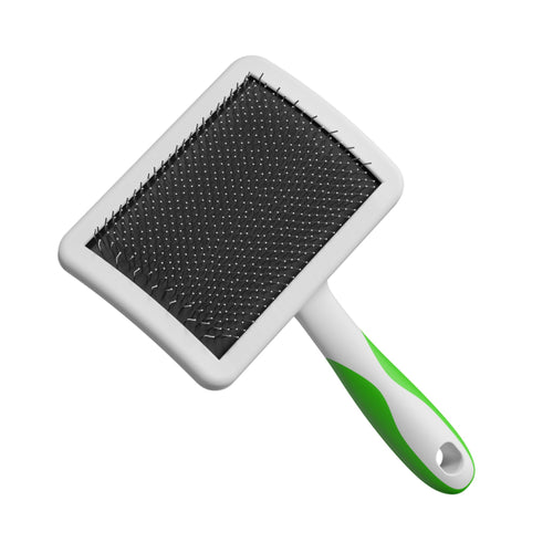 Close-up angled view of the Andis Large Firm Slicker Brush, showing its firm bristles and ergonomic handle in white and green.