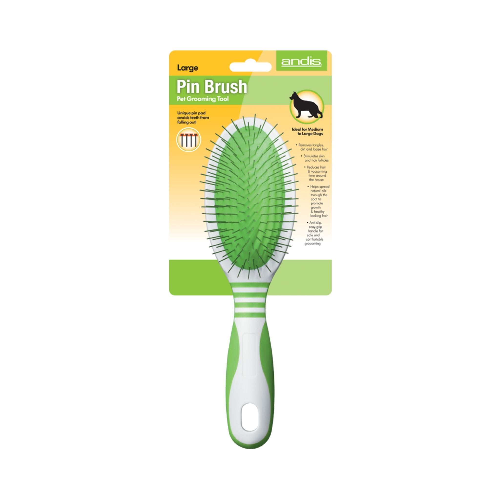 Andis Large Pin Brush in branded packaging, showcasing that it is ideal for grooming medium to large dog breeds.