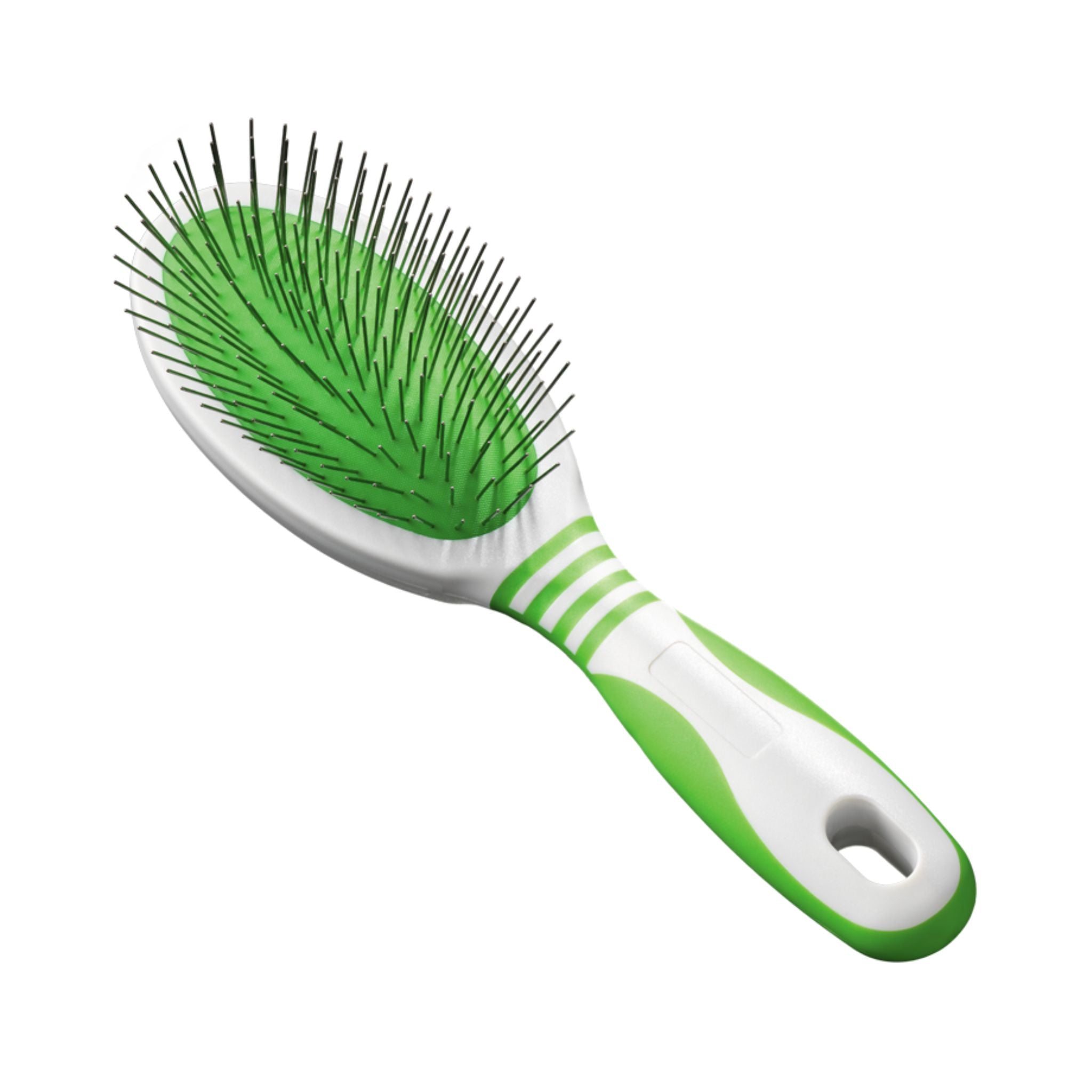 Angled front view of the Andis Large Pin Brush with white and green handle for grooming medium to large dogs.