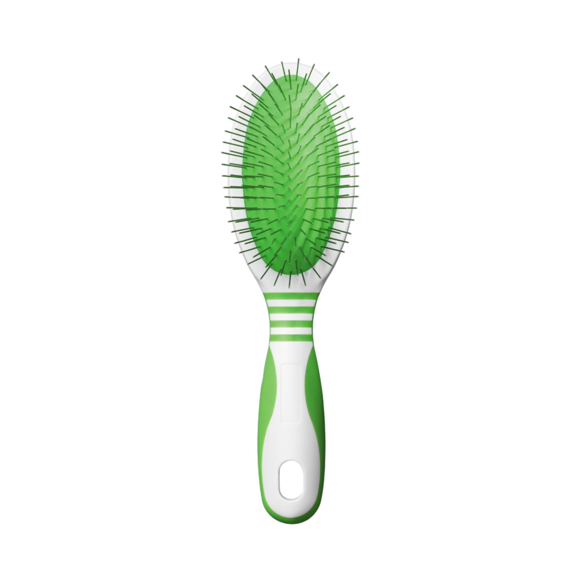 A vertical front view of the Andis Large Pin Brush showcasing its durable pin pad and ergonomic white and green handle.