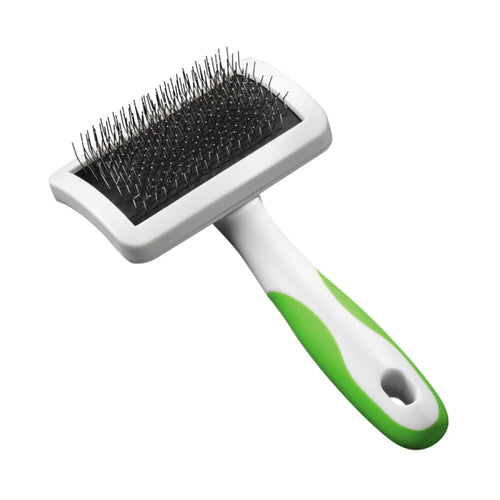 Close-up angle view of the Andis Medium Firm Slicker Brush featuring the grooming tools pins and easy-grip handle.