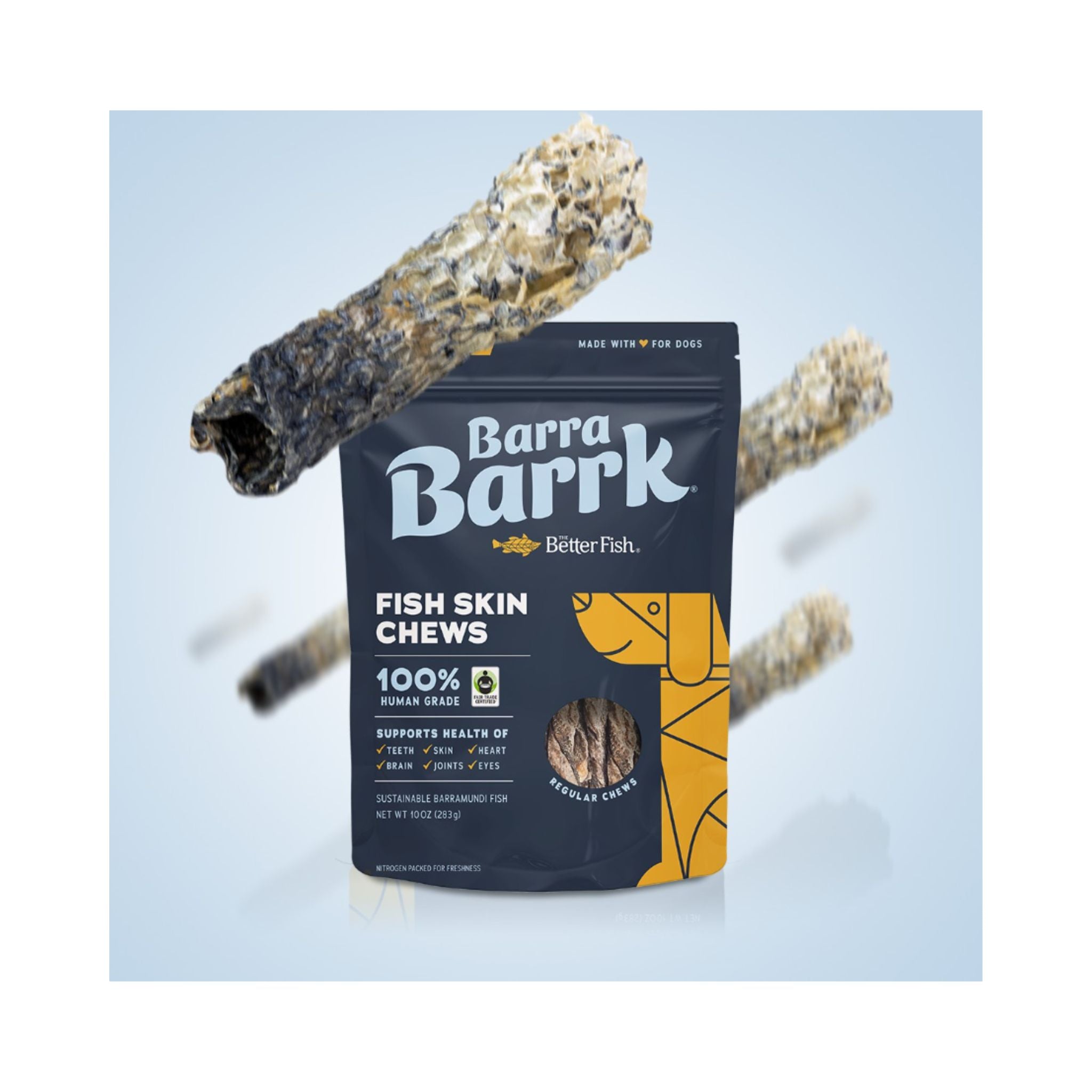 Barra Barrk Fish Skin Chews Dog Treats next to branded packaging.