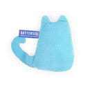 A Battersea Here for Every Dog and Cat branded tag attached to the back of a blue soft plush catnip cat toy.