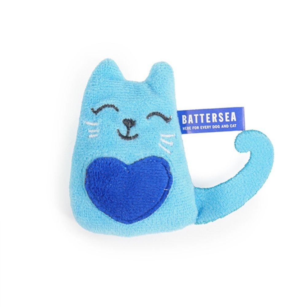 A blue plush cat toy featuring an embroidered face with a Battersea Here for Every Dog and Cat tag.