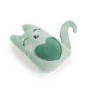 Light green stuffed cat toy with an embroidered face, closed eyes, whiskers, a green heart on its body, and a curled tail. Made from soft plush material.