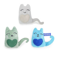 A trio of Battersea Catnip Cat Toys featuring adorable, embroidered faces and hearts.